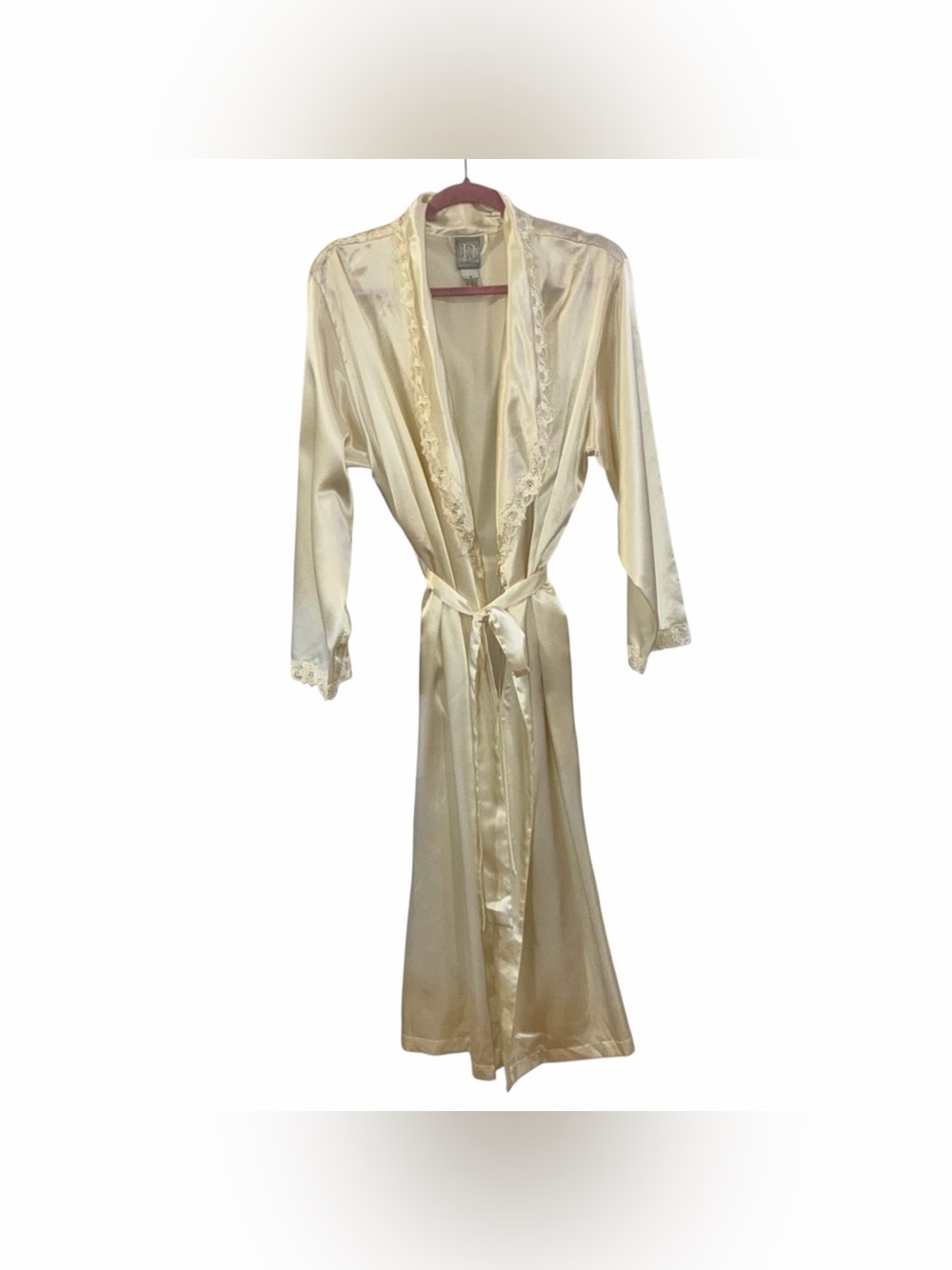 P Intimates Womens Cream Satin Robe Lace Trim Belted Tie V-Neck Size M